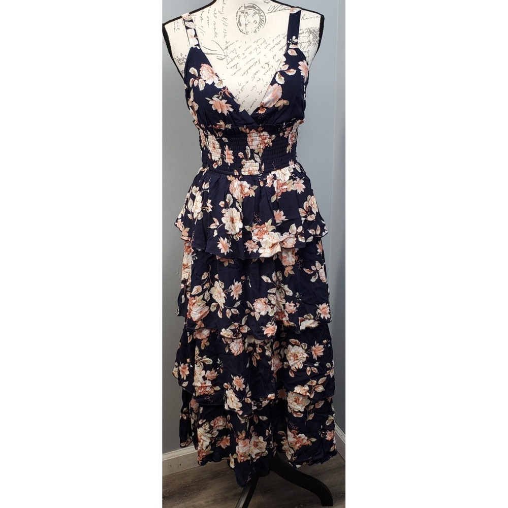 Altar'd State Tiered Maxi Dress Womens Small Multi Floral Smocked Back Boho Chic